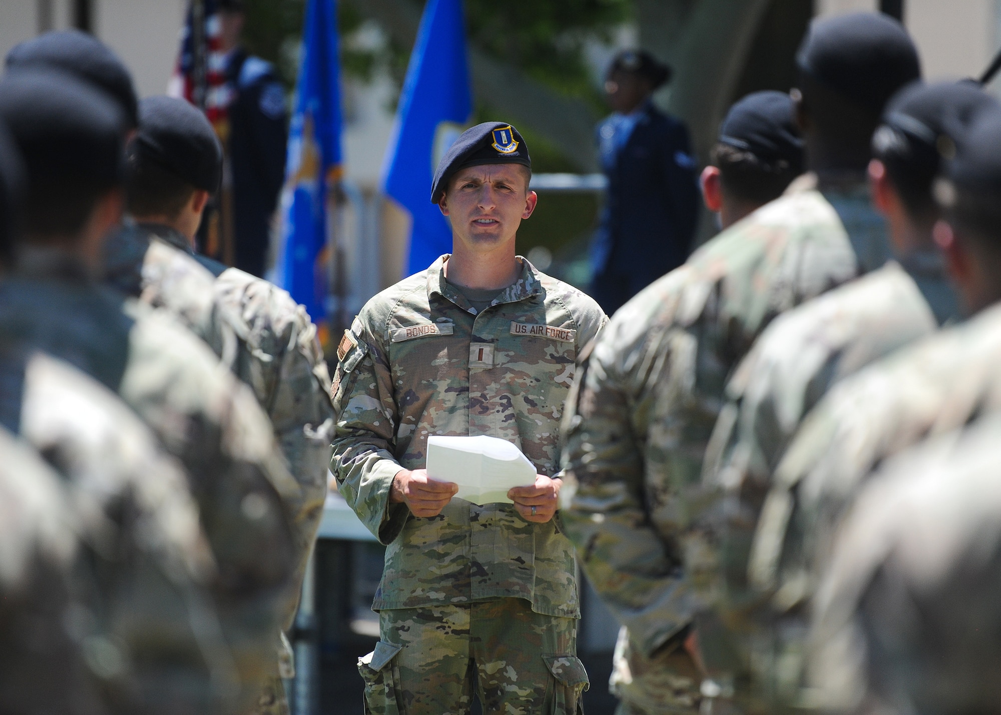 A 2nd Lt. from the 377th WSSS conducts roll call during the Final Guard Mount portion of the Police Week closing ceremony on Friday. (U.S. Air Force photo by Todd Berenger)