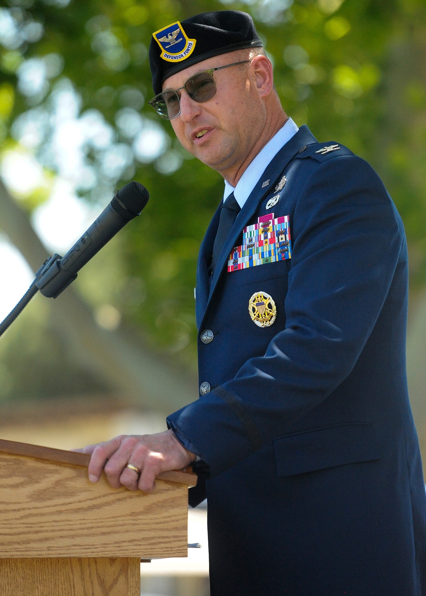 Col. Justin D. Secrest, 377th Air Base Wing and Installatino commander delivers closing remarks during the Police Week closing ceremony at Kirtland Air Force Base, New Mexico, on May 15, 2026. Police weeks is an annual event that serves to highlight the law enforcement official and the contributions they bring to the 377th Air Base Wing. 
(U.S. Air Force photo by Todd Berenger)