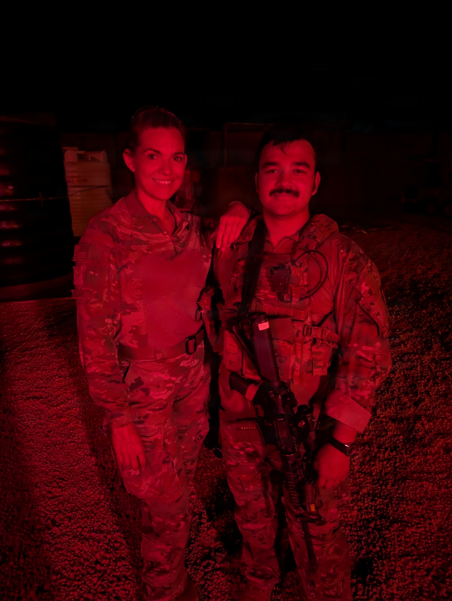 U.S. Air Force Senior Airman Michelle Ferrari, left, Combined Joint Task Force-Horn of Africa public affairs specialist, reunites with her son, U.S. Army Spc. Nicolas Ferrari, assigned to Bravo Company, 2nd Battalion, 124th Infantry Regiment, while deployed in East Africa, April 8, 2026. The reunion brought together two generations serving in different military branches while deployed in East Africa. (Courtesy photo)