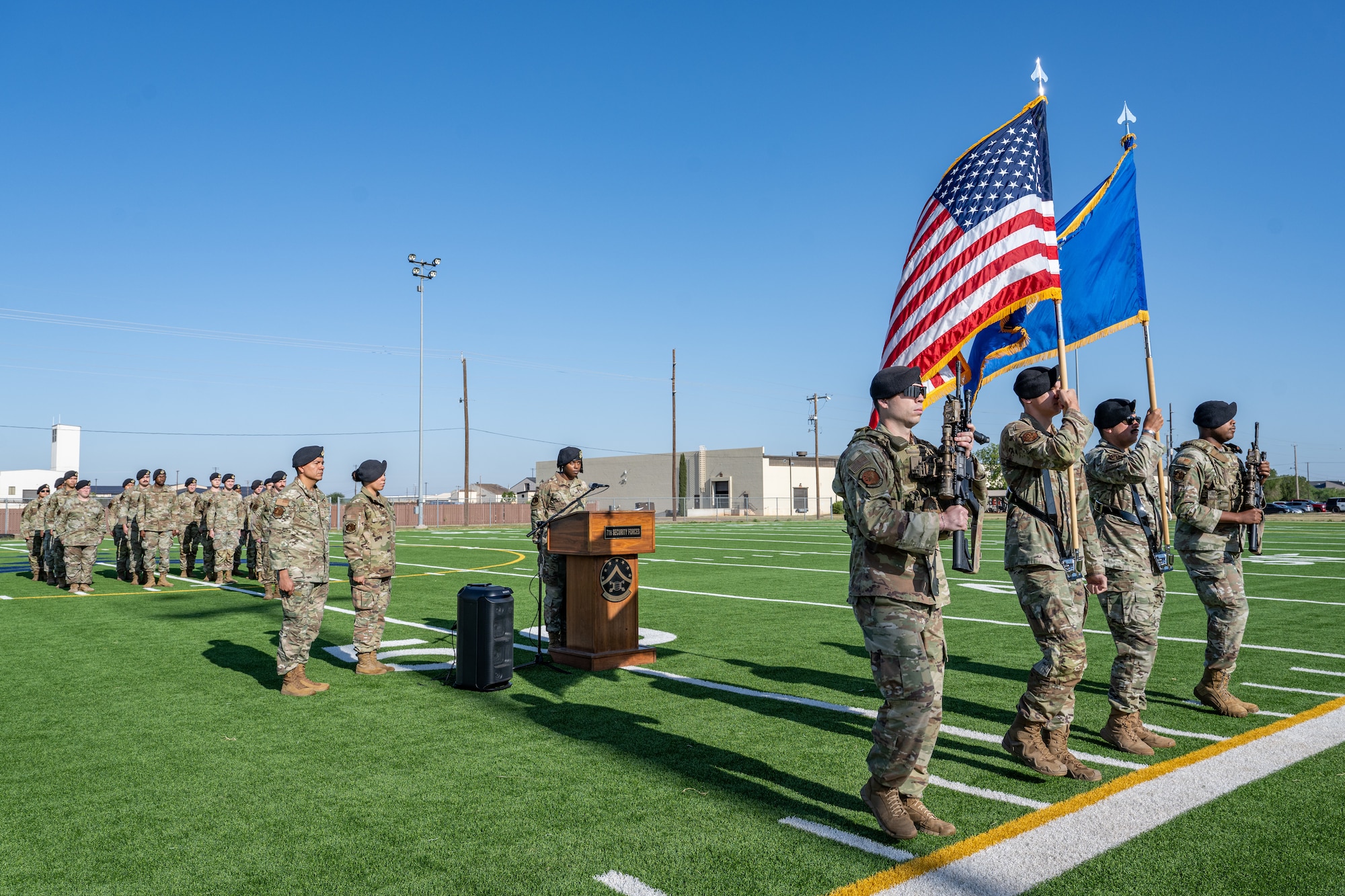 U.S. Airmen assigned to the 7th Security Forces Squadron conduct the National Police Week opening ceremony at Dyess Air Force Base, Texas, May 11, 2026. National Police Week is observed annually to honor fallen officers and recognize the service of law enforcement across the country. (U.S. Air Force photo by Airman 1st Class Caleb Schellenberg)