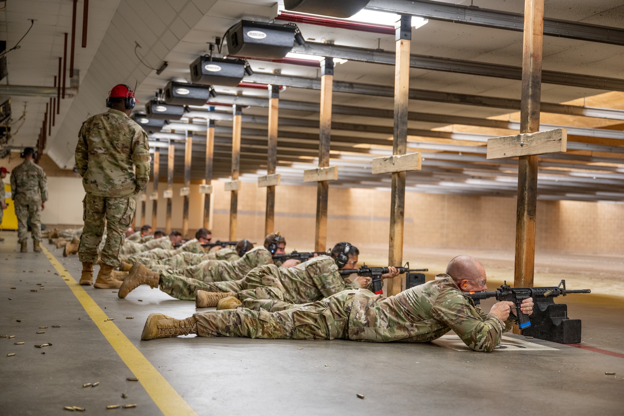 U.S. Airmen participate in a shooting competition during National Police Week at Dyess Air Force Base, Texas, May 11, 2026. National Police Week occurs annually during the week of May 15 to coincide with Peace Officers Memorial Day. (U.S. Air Force photo by Airman 1st Class Caleb Schellenberg)