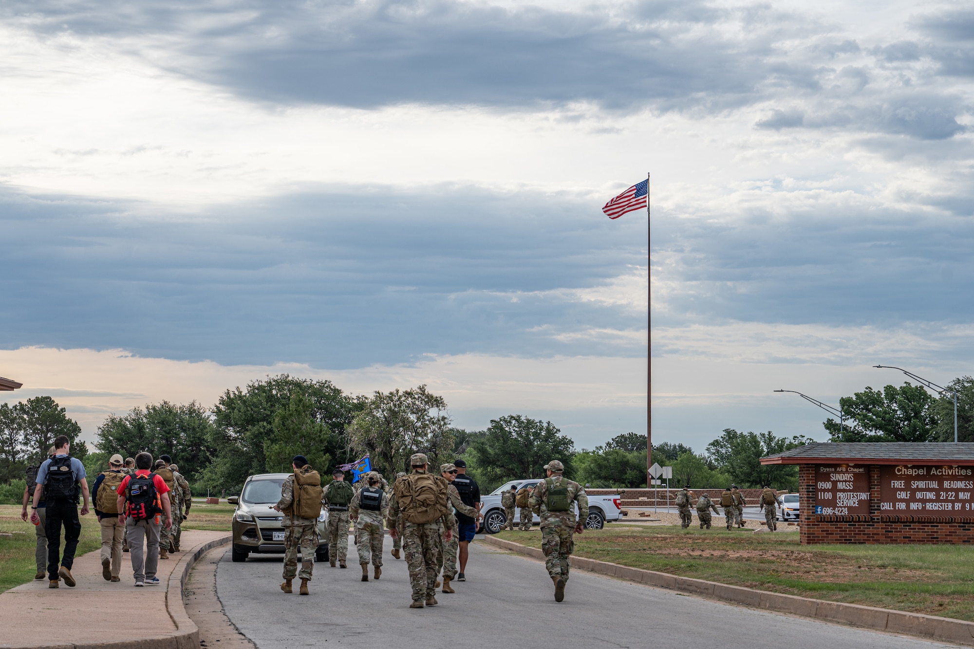 Members of Team Dyess begin a 5K ruck during National Police Week at Dyess Air Force Base, Texas, May 11, 2026. The ruck served as an opportunity to recognize and reflect on the sacrifices of law enforcement officers who lost their lives in the line of duty. (U.S. Air Force photo by Airman 1st Class Caleb Schellenberg)