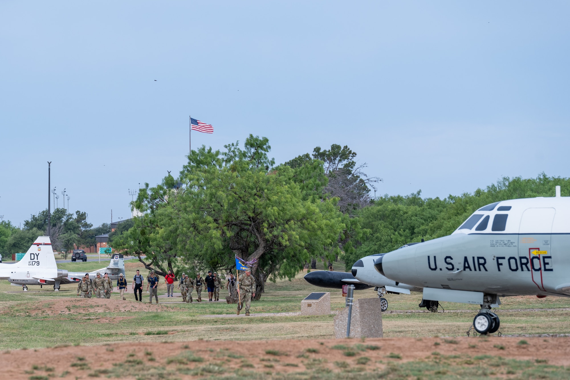 Members of Team Dyess participate in a 5K ruck during National Police Week at Dyess Air Force Base, Texas, May 11, 2026. Dyess held a recognition ceremony and morale events across the installation to pay tribute to members of the law enforcement community who made the ultimate sacrifice in the line of duty. (U.S. Air Force photo by Airman 1st Class Caleb Schellenberg)