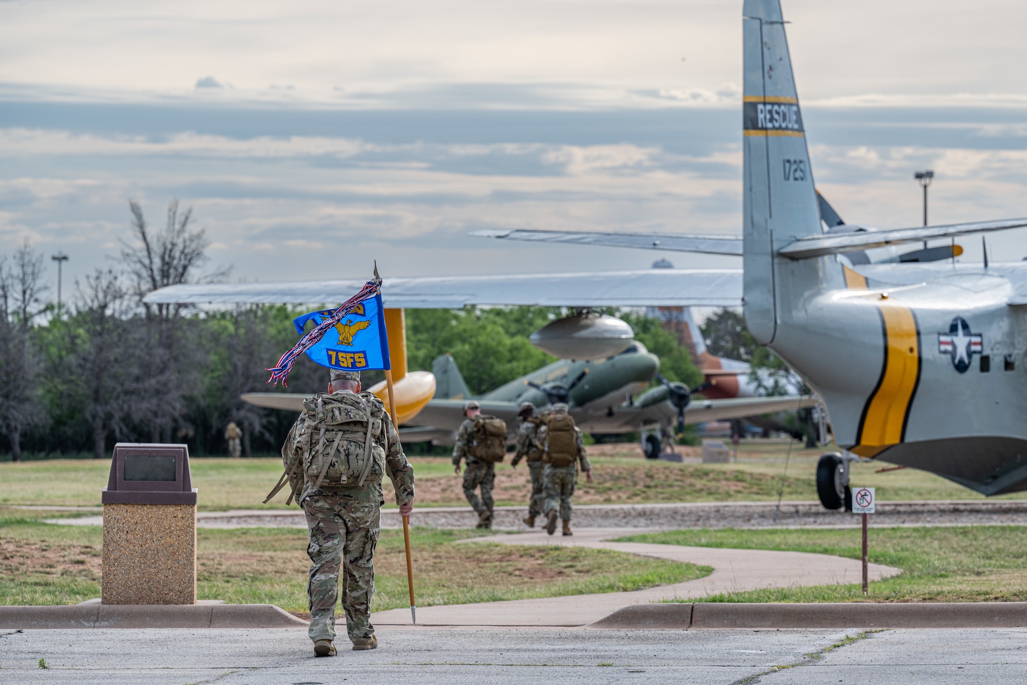 U.S. Airmen participate in a 5K ruck during National Police Week at Dyess Air Force Base, Texas, May 11, 2026. Dyess held a recognition ceremony and morale events across the installation to pay tribute to members of the law enforcement community who made the ultimate sacrifice in the line of duty. (U.S. Air Force photo by Airman 1st Class Caleb Schellenberg)