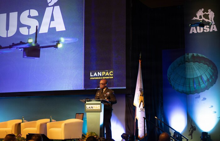 U.S. Army Gen. Ronald P. Clark, commanding general, United States Army Pacific, engaged military leaders and partners as a keynote speaker during the Land Forces Pacific Symposium and Exposition, Honolulu, May 14, 2026.