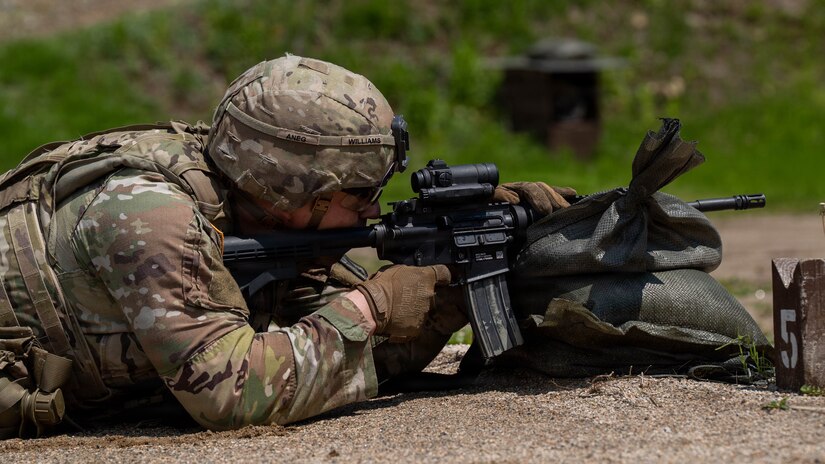 U.S. Army Sgt. Michael Williams, assigned to the 501st Military Intelligence Brigade, completes the stress shoot event during the Eighth Army Best Squad Competition at Camp Casey, South Korea, May 4, 202