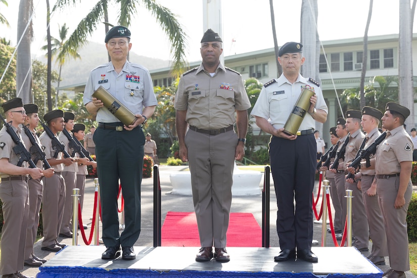U.S. Army Pacific Commanding General Gen. Ronald Clark rendered honors to Japanese Ground Self-Defense Force Chief of Staff Gen. Masayoshi Arai and Republic of Korea Army Chief of Staff Gen. Gyuha Kim during a ceremony at historic Palm Circle, Fort Shafter, Hawaii on May 15, 2026.