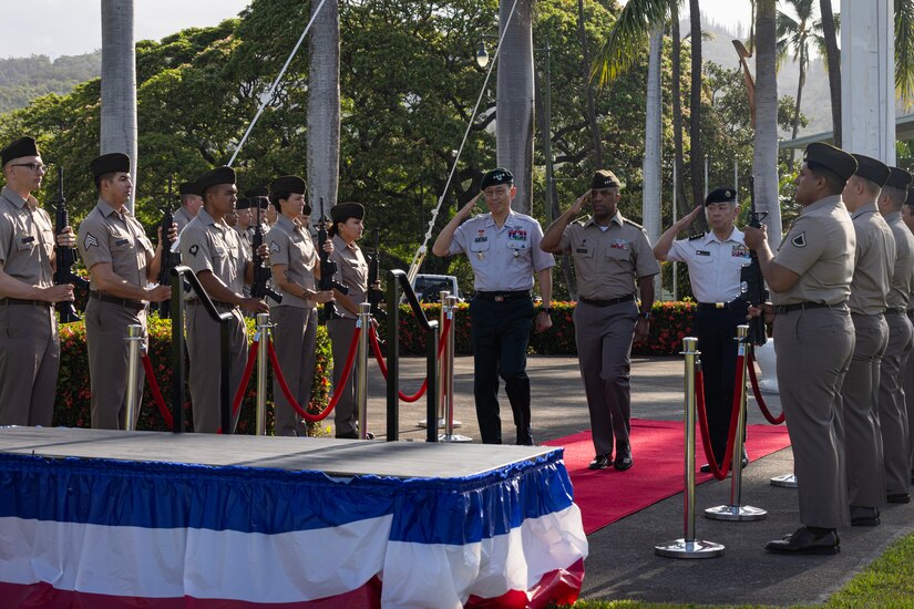 U.S. Army Pacific Commanding General Gen. Ronald Clark rendered honors to Japanese Ground Self-Defense Force Chief of Staff Gen. Masayoshi Arai and Republic of Korea Army Chief of Staff Gen. Gyuha Kim during a ceremony at historic Palm Circle, Fort Shafter, Hawaii on May 15, 2026.