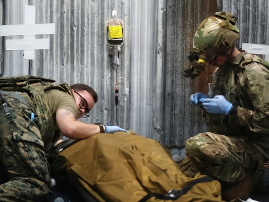 260326-N-UF732-1002 FORT BELVOIR, Va. (March 26, 2026) Hospital Corpsman 2nd Class Tyler Wallace and Hospital Corpsman 2nd Class  Joshua Audirsch, assigned to Navy Medicine Readiness and Training Command (NMRTC) Fort Belvoir, assess simulated patient and chart results during NMRTC Fort Belvoir hosted Joint Trauma System (JTS) Valkyrie Course and medical IT integration demonstration on board NMRTC Fort Belvoir, March 26, 2026. The event brought together personnel from Soldier Integration Facility (SIF), JTS Valkyrie, NMRTC Fort Belvoir and key industry partners to test and integrate emergent technologies designed to enhance battlefield situational awareness and improve medical outcomes. NMRTC Fort Belvoir supports the readiness of Sailors, Marines, and joint forces by training and sustaining medically ready personnel and delivering deployable medical capability in support of Fleet and joint operations. (U.S. Navy Photo by Lieutenant Jusen GarciaCordero / Released)