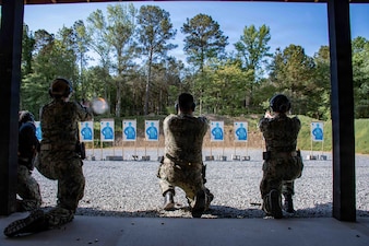 SUFFOLK, Va. (April 22, 2026) Expeditionary Medicine (ExMed) Sailors conduct a live-fire exercise for pistol qualification in Suffolk, Va., April 22, 2026. The week-long training exercise brought Naval Medical Forces Atlantic (NMFL) and Naval Medical Forces Pacific (NMFP) Expeditionary Medicine (ExMed) Sailors together for standardized combat skills training. (U.S. Navy photo by Mass Communication Specialist 2nd Class Thomas Boatright)