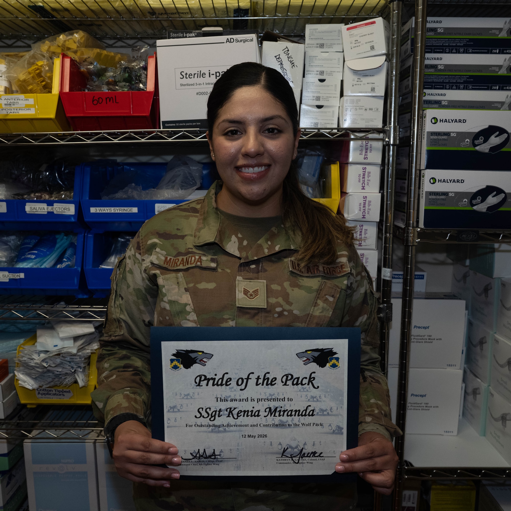 U.S. Air Force Staff Sgt. Kenia Miranda, 8th Dental Squadron dental logistics noncommissioned officer in charge, poses for a photo at Kunsan Air Base, Republic of Korea, May 14, 2026. Miranda was selected as the Wolf Pack’s Pride of the Pack for the week of May 11 – May 15 due to her achievements within his career field and her impact on the readiness and well-being of the Wolf Pack. (U.S. Air Force photo by Senior Airman Tabatha Chapman)