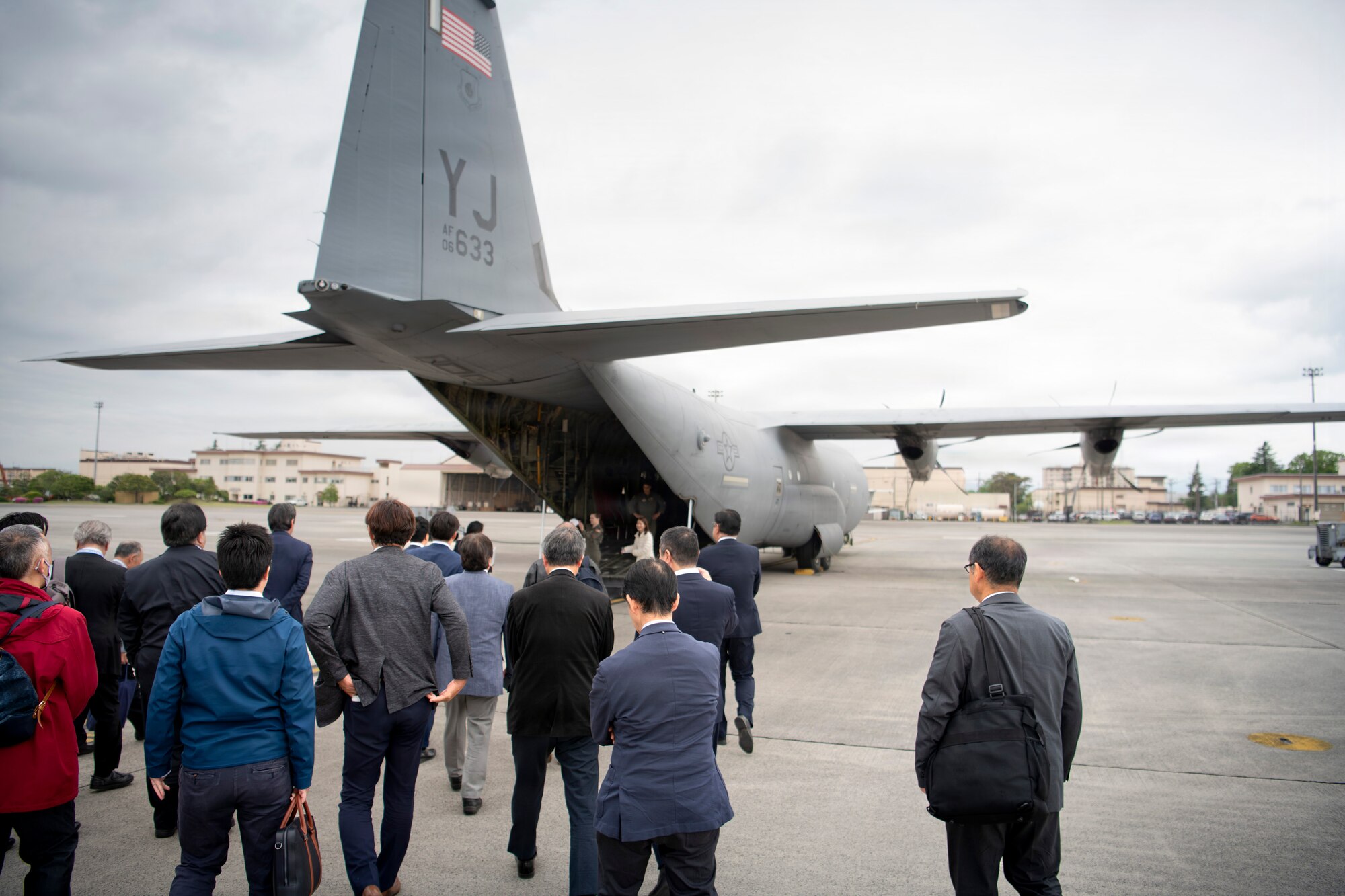 Local council members tour a static display C-130J Super Hercules assigned to the 374th Airlift Wing and 36th Airlift Squadron, during a community relations tour at Yokota Air Base, Japan, April 30, 2026.