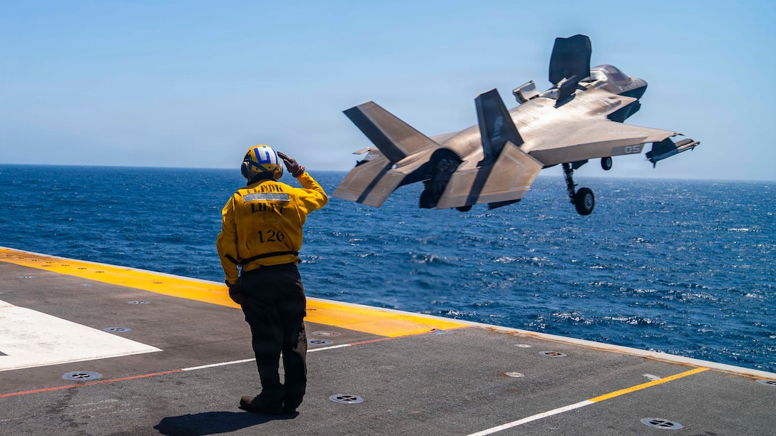 An F-35B Lighting II, attached to Marine Fighter Attack Squadron (VMFA) 121, takes off from the flight deck of America-class amphibious assault ship USS Tripoli (LHA 7), May 13, 2026. Tripoli is deployed to the U.S. 5th Fleet area of operations to support maritime security and stability in the Middle East. (U.S. Navy photo)