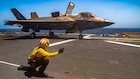 An F-35B Lighting II, attached to Marine Fighter Attack Squadron (VMFA) 121, takes off from the flight deck of America-class amphibious assault ship USS Tripoli (LHA 7), May 13, 2026. Tripoli is deployed to the U.S. 5th Fleet area of operations to support maritime security and stability in the Middle East. (U.S. Navy photo)
