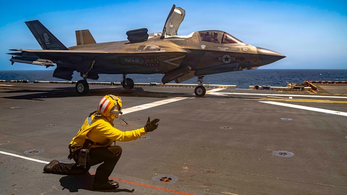An F-35B Lighting II, attached to Marine Fighter Attack Squadron (VMFA) 121, takes off from the flight deck of America-class amphibious assault ship USS Tripoli (LHA 7), May 13, 2026. Tripoli is deployed to the U.S. 5th Fleet area of operations to support maritime security and stability in the Middle East. (U.S. Navy photo)