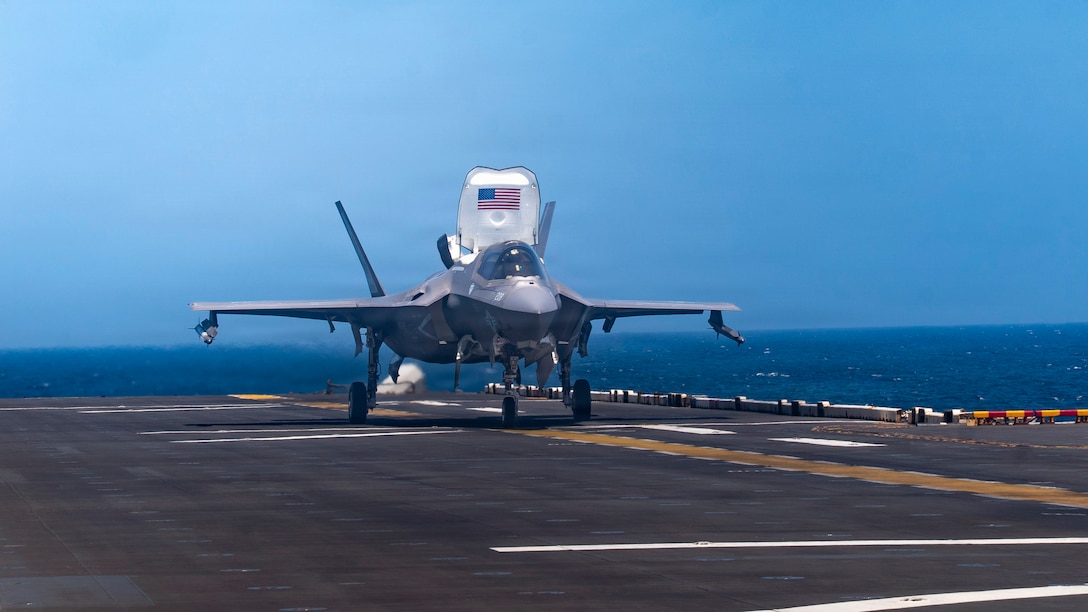 An F-35B Lighting II, attached to Marine Fighter Attack Squadron (VMFA) 121, prepares to take off from the flight deck of America-class amphibious assault ship USS Tripoli (LHA 7), May 13, 2026. Tripoli is deployed to the U.S. 5th Fleet area of operations to support maritime security and stability in the Middle East. (U.S. Navy photo)