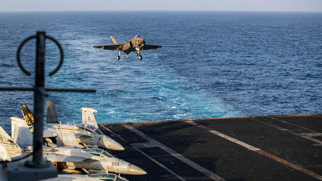 An F-35C Lightning II, attached to Marine Fighter Attack Squadron (VMFA) 314, prepares to make an arrested landing on the flight deck of Nimitz-class aircraft carrier USS Abraham Lincoln (CVN 72), May 9, 2026. Abraham Lincoln is deployed to the U.S. 5th Fleet area of operations to support maritime security and stability in the Middle East. (U.S. Navy photo)