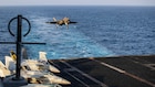 An F-35C Lightning II, attached to Marine Fighter Attack Squadron (VMFA) 314, prepares to make an arrested landing on the flight deck of Nimitz-class aircraft carrier USS Abraham Lincoln (CVN 72), May 9, 2026. Abraham Lincoln is deployed to the U.S. 5th Fleet area of operations to support maritime security and stability in the Middle East. (U.S. Navy photo)