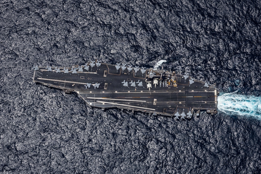 Nimitz-class aircraft carrier USS George H.W. Bush (CVN 77) sails in the Arabian Sea, May 3, 2026. George H.W. Bush is deployed to the U.S. 5th Fleet area of operations to support maritime security and stability in the Middle East. (U.S. Navy photo)