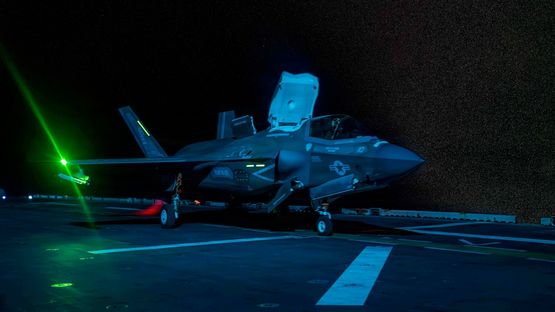 An F-35B Lighting II, attached to Marine Fighter Attack Squadron (VMFA) 121, takes off from the flight deck of America-class amphibious assault ship USS Tripoli (LHA 7), May 11, 2026. Tripoli is deployed to the U.S. 5th Fleet area of operations to support maritime security and stability in the Middle East. (U.S. Navy photo)