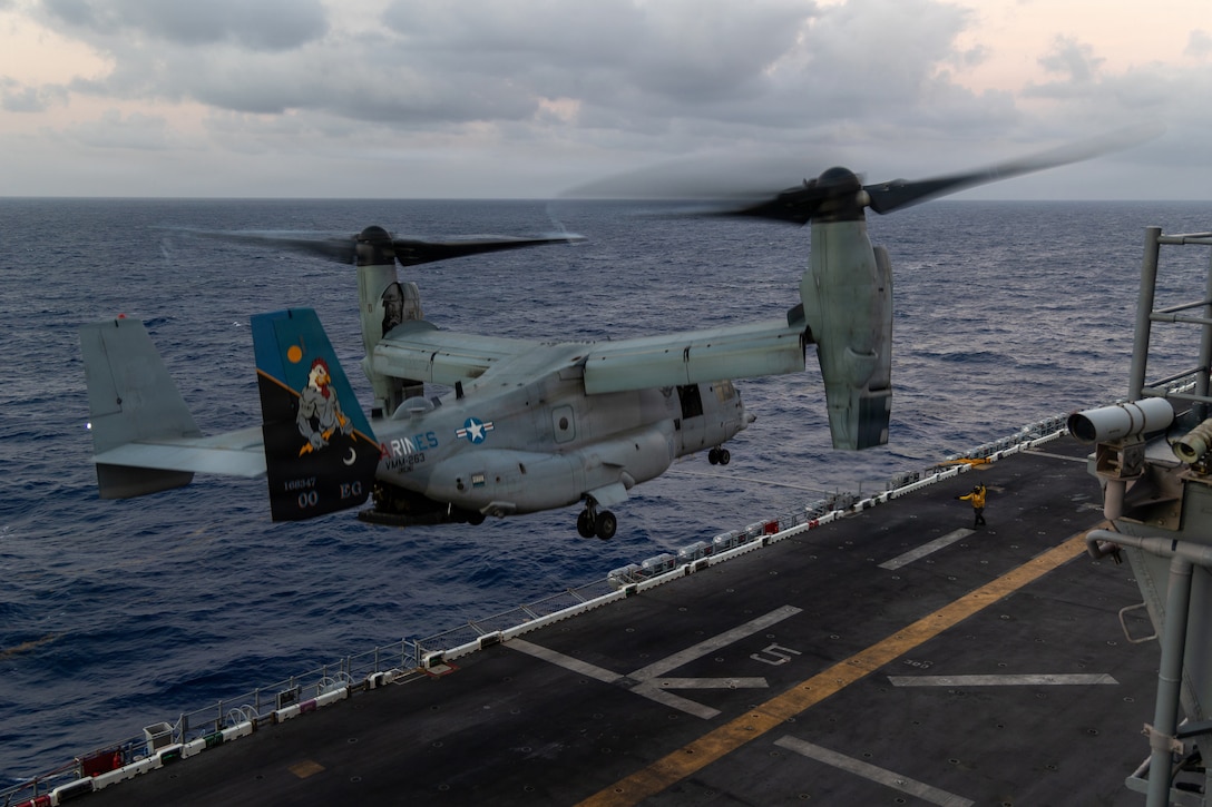 A U.S. Marine Corps MV-22B Osprey tiltrotor aircraft with Marine Medium Tiltrotor Squadron (VMM) 263 (Reinforced), 22nd Marine Expeditionary Unit (Special Operations Capable), lands aboard Wasp-class amphibious assault ship USS Iwo Jima (LHD 7) during flight operations while underway in the Caribbean Sea, May 5, 2026. U.S. military forces are deployed to the Caribbean in support of the U.S. Southern Command mission, Department of War-directed operations, and the president’s priorities to disrupt illicit drug trafficking and protect the homeland. (U.S. Marine Corps photo)