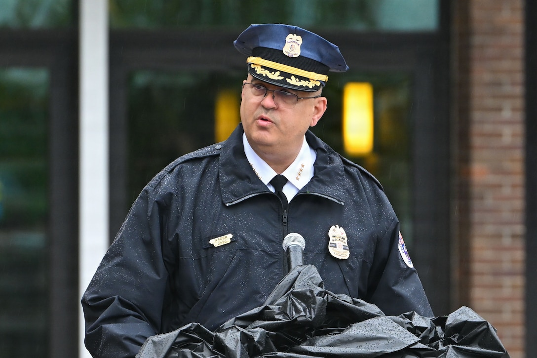 George Nader, Chief of the Prince George’s County Police Department, delivers opening remarks during the National Police Week opening ceremony at Joint Base Andrews, Maryland, May 11, 2026.