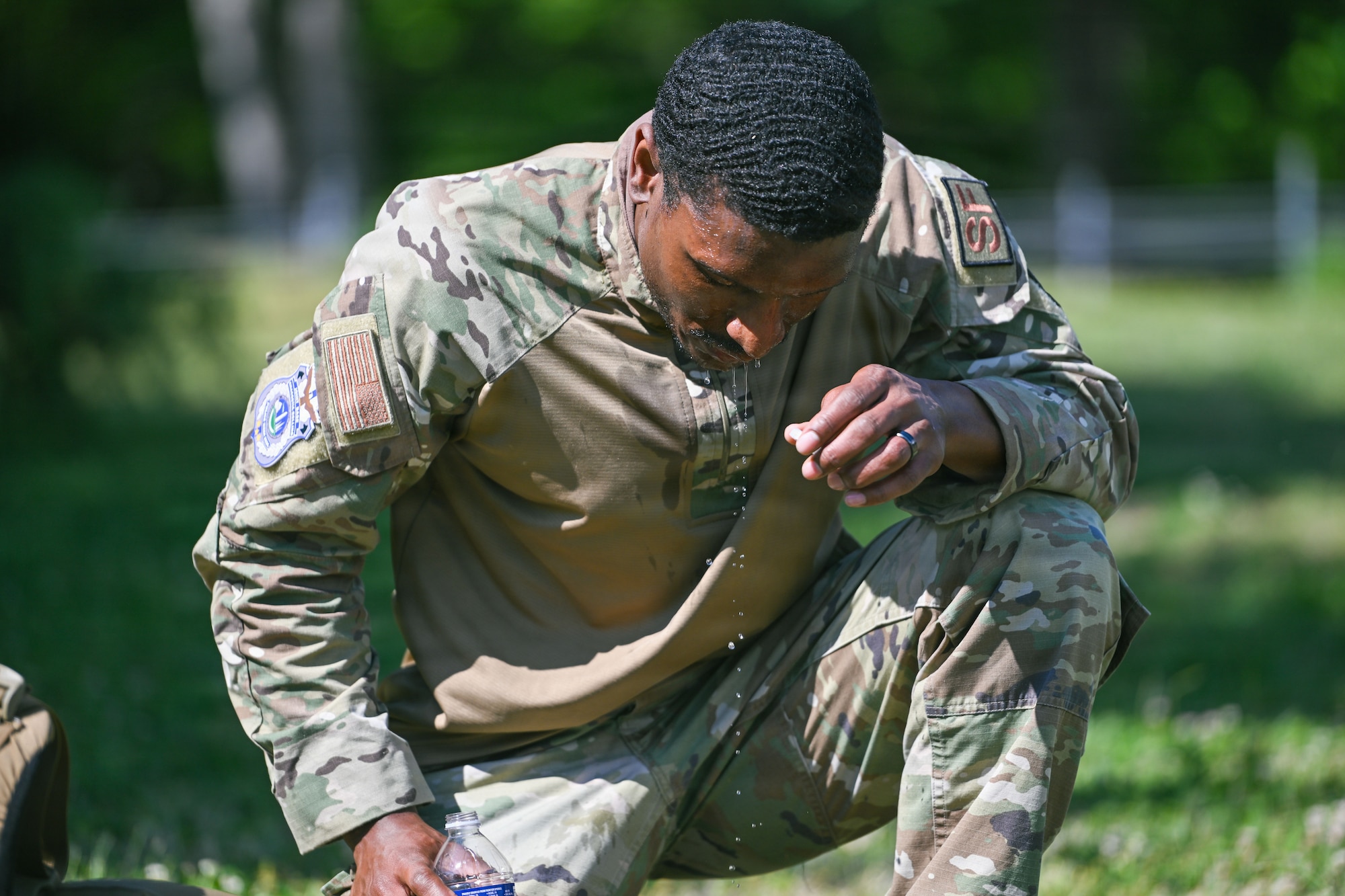 U.S. Air Force Staff Sgt. Jalen McGill, 11th Security Forces Squadron patrolman, cools down during the physical training portion of a warrior challenge during Police Week at Joint Base Andrews, Maryland, May 13, 2026.