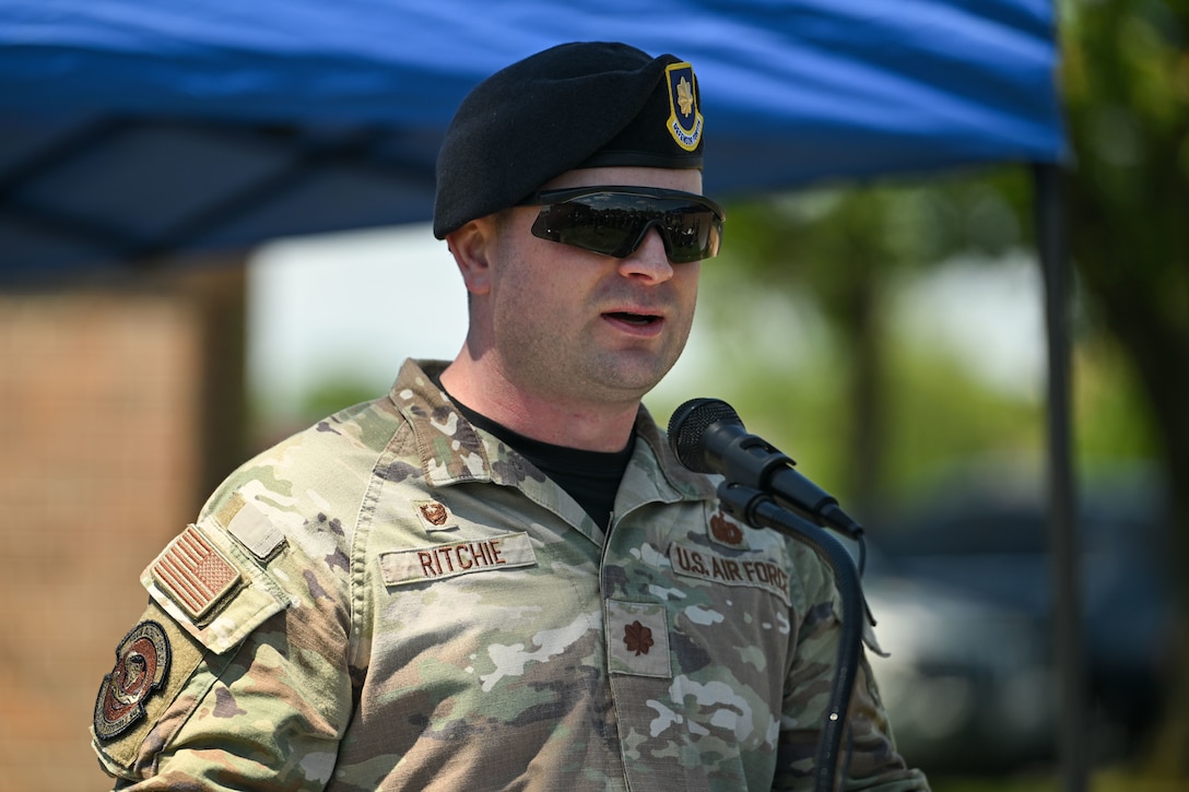 U.S. Air Force Maj. Joseph Ritchie, 316th Security Support Squadron commander, gives closing remarks during the National Police Week closing ceremony at Joint Base Andrews, Maryland, May 11, 2026.