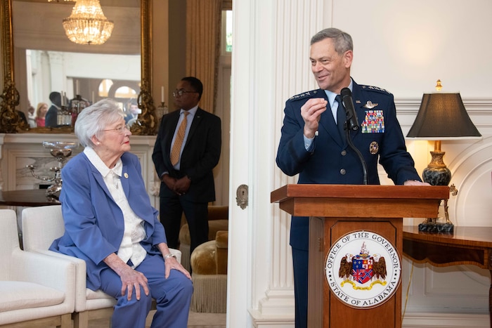 U. S. Air Force Chief of Staff Gen. Kenneth S. Wilsbach joins Alabama Gov. Kay Ivey in addressing the 2026 International Honor Roll inductees and their guests during a reception at the Governor’s Mansion in Montgomery, Alabama, April 9, 2026.