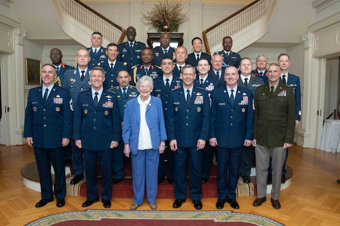 Alabama Gov. Kay Ivey poses for a group photo with Air Force Chief of Staff Gen. Kenneth S. Wilsbach and Lt. Gen. Daniel H. Tulley, Air University commander and president, alongside international military leaders, military leaders from the state of Alabama, and U.S. Air Force senior officers at the Governor’s Mansion in Montgomery, Alabama, April 9, 2026, during a gathering celebrating the International Honor Roll.