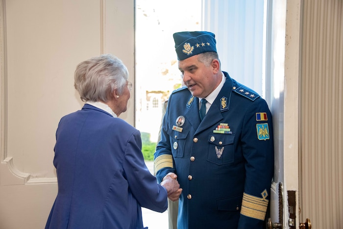 Alabama Gov. Kay Ivey welcomes Lt. Gen. Leonard-Gabriel Baraboi, Chief of the Romanian Air Force Staff, to a reception for the 2026 International Honor Roll inductees at the Governor’s Mansion, Montgomery, Alabama, April 9, 2026.
