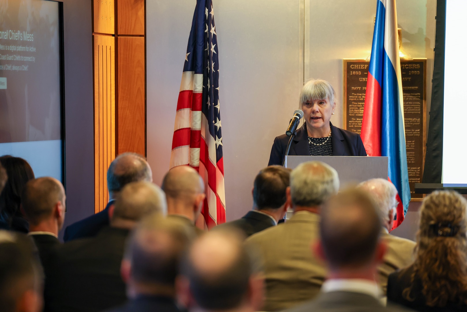 Darla Stencavage, the United States Side Executive Secretary of the U.S.-Russia Joint Commission on POW/MIAs, speaks at a special ceremony at the Navy Memorial in Washington, D.C., May 15 for submariners of the USS Wahoo, lost during which soil, water, and video from the site where the Wahoo sank, as well as a model of the Wahoo, was given to the U.S. by Russia. The Russian Federation Ambassador to the United States, H. E. Alexander Darchiev, presented the containers of soil and water, the video, and the model to retired Air Force Gen. Robert “Doc” Fogelsong, the United States Side Chairman of the USRJC, who accepted on behalf of the United States and the families of the USS Wahoo submariners. (Photo by Sean Everette, Defense POW/MIA Accounting Agency)