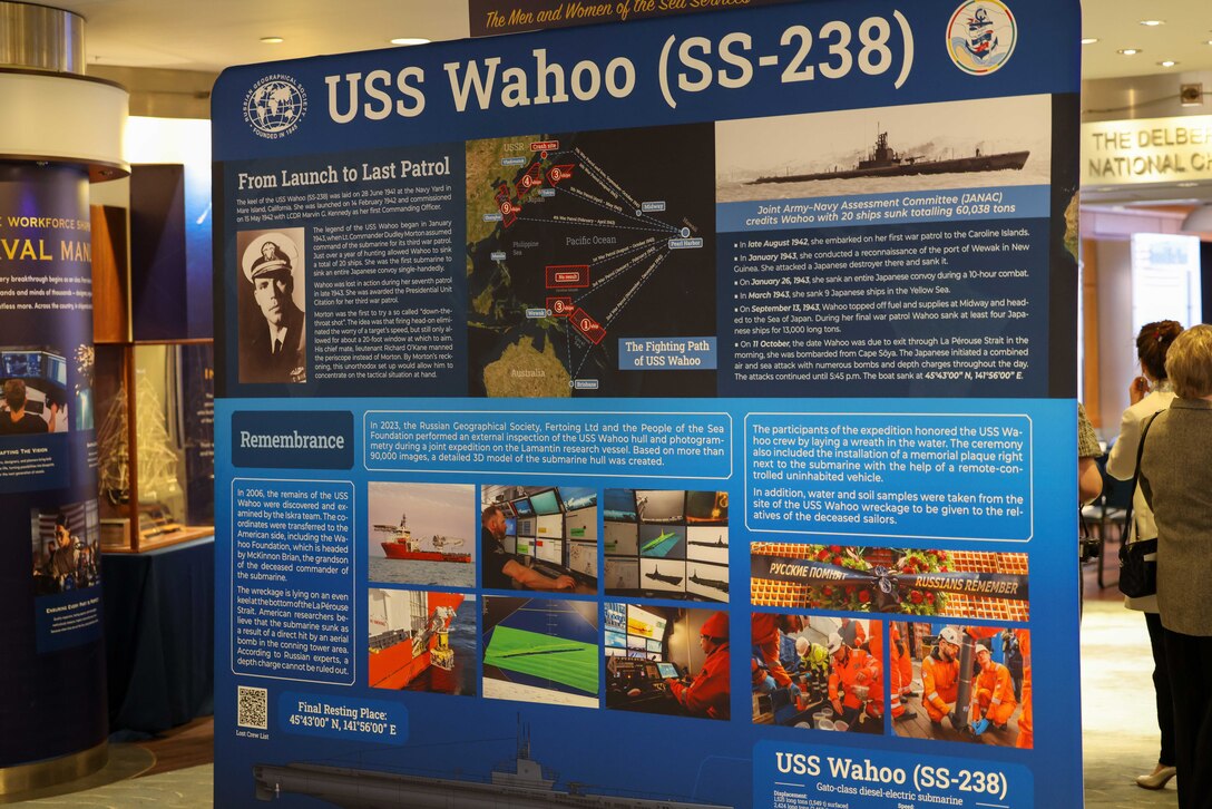 The U.S.-Russia Joint Commission on POW/MIAs held a special ceremony at the Navy Memorial in Washington, D.C., May 15 for submariners of the USS Wahoo, lost during World War II, during which soil, water, and video from the site where the Wahoo sank, as well as a model of the Wahoo, was given to the U.S. by Russia. The Russian Federation Ambassador to the United States, H. E. Alexander Darchiev, presented the containers of soil and water, the video, and the model to retired Air Force Gen. Robert “Doc” Fogelsong, the United States Side Chairman of the USRJC, who accepted on behalf of the United States and the families of the USS Wahoo submariners. (Photo by Sean Everette, Defense POW/MIA Accounting Agency)
