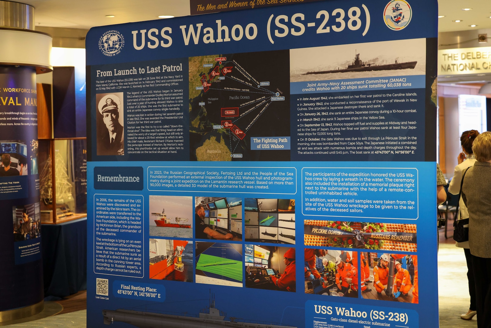 The U.S.-Russia Joint Commission on POW/MIAs held a special ceremony at the Navy Memorial in Washington, D.C., May 15 for submariners of the USS Wahoo, lost during World War II, during which soil, water, and video from the site where the Wahoo sank, as well as a model of the Wahoo, was given to the U.S. by Russia. The Russian Federation Ambassador to the United States, H. E. Alexander Darchiev, presented the containers of soil and water, the video, and the model to retired Air Force Gen. Robert “Doc” Fogelsong, the United States Side Chairman of the USRJC, who accepted on behalf of the United States and the families of the USS Wahoo submariners. (Photo by Sean Everette, Defense POW/MIA Accounting Agency)