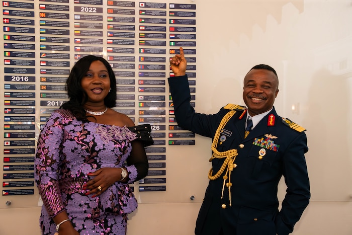 Air Marshal Sunday Kelvin Aneke, the Nigeria Air Force air chief of staff, and his wife Ngozi Enderline Aneke, pose for a picture at Maxwell Air Force Base, Alabama, April 10, 2026.