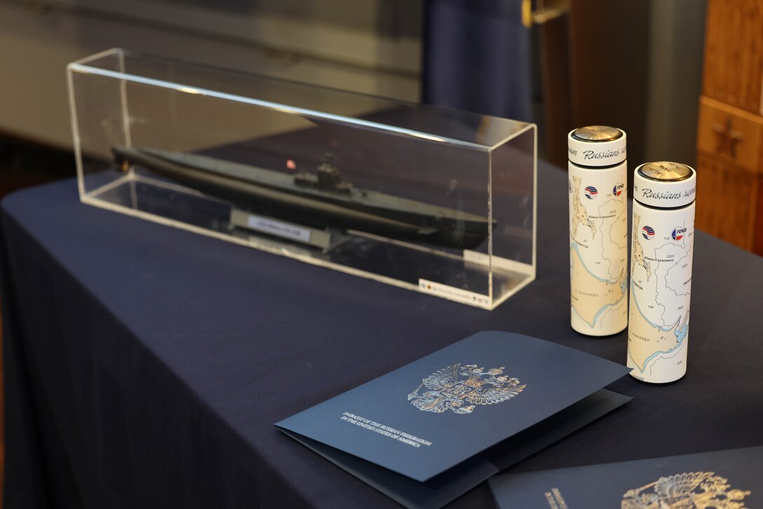 The U.S.-Russia Joint Commission on POW/MIAs held a special ceremony at the Navy Memorial in Washington, D.C., May 15 for submariners of the USS Wahoo, lost during World War II, during which soil, water, and video from the site where the Wahoo sank, as well as a model of the Wahoo, was given to the U.S. by Russia. The Russian Federation Ambassador to the United States, H. E. Alexander Darchiev, presented the containers of soil and water, the video, and the model to retired Air Force Gen. Robert “Doc” Fogelsong, the United States Side Chairman of the USRJC, who accepted on behalf of the United States and the families of the USS Wahoo submariners. (Photo by Sean Everette, Defense POW/MIA Accounting Agency)