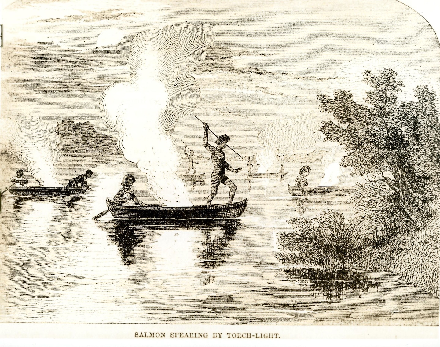 Image of people in canoes on a body of water approaching the shoreline.