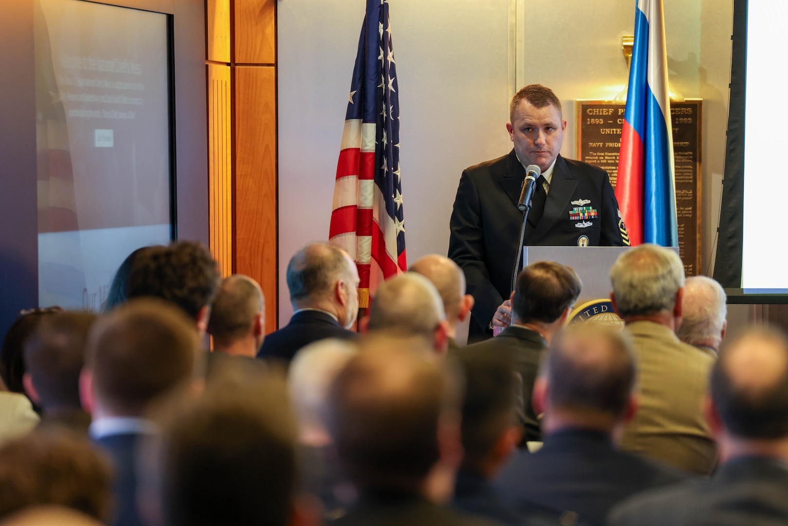 Chief Petty Officer Andrew Burdge, Europe Mediterranean Directorate of the Defense POW/MIA Accounting Agency, emceed a special ceremony held by the U.S.-Russia Joint Commission on POW/MIAs at the Navy Memorial Visitors Center in Washington, D.C., May 15 for submariners of the USS Wahoo, lost during World War II, during which soil, water, and video from the site where the Wahoo sank, as well as a model of the Wahoo, was given to the U.S. by Russia. The Russian Federation Ambassador to the United States, H. E. Alexander Darchiev, presented the containers of soil and water, the video, and the model to retired Air Force Gen. Robert “Doc” Fogelsong, the United States Side Chairman of the USRJC, who accepted on behalf of the United States and the families of the USS Wahoo submariners. (Photo by Sean Everette, Defense POW/MIA Accounting Agency)