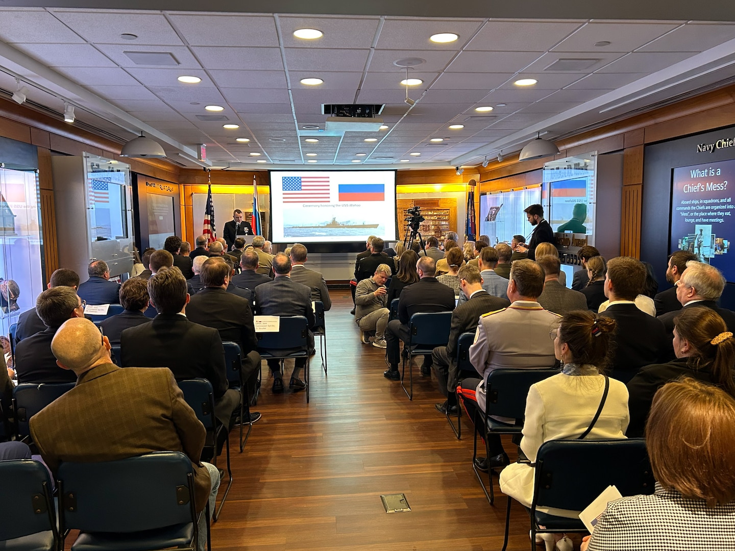 The U.S.-Russia Joint Commission on POW/MIAs held a special ceremony at the Navy Memorial Visitors Center in Washington, D.C., May 15 for submariners of the USS Wahoo, lost during World War II, during which soil, water, and video from the site where the Wahoo sank, as well as a model of the Wahoo, was given to the U.S. by Russia. The Russian Federation Ambassador to the United States, H. E. Alexander Darchiev, presented the containers of soil and water, the video, and the model to retired Air Force Gen. Robert “Doc” Fogelsong, the United States Side Chairman of the USRJC, who accepted on behalf of the United States and the families of the USS Wahoo submariners. (Photo by Sean Everette, Defense POW/MIA Accounting Agency)