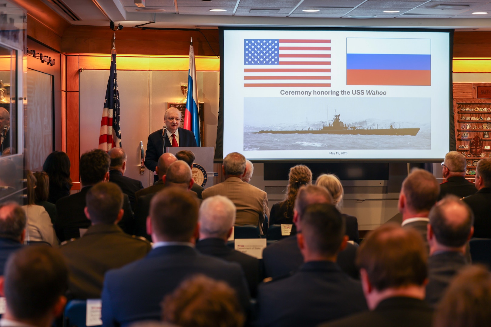 The Russian Federation Ambassador to the United States, H. E. Alexander Darchiev, speaks during a special ceremony held by the U.S.-Russia Joint Commission on POW/MIAs at the Navy Memorial Visitors Center in Washington, D.C., May 15 for submariners of the USS Wahoo, lost during which soil, water, and video from the site where the Wahoo sank, as well as a model of the Wahoo, was given to the U.S. by Russia. Darchiev presented the containers of soil and water, the video, and the model to retired Air Force Gen. Robert “Doc” Fogelsong, the United States Side Chairman of the USRJC, who accepted on behalf of the United States and the families of the USS Wahoo submariners. (Photo by Sean Everette, Defense POW/MIA Accounting Agency)