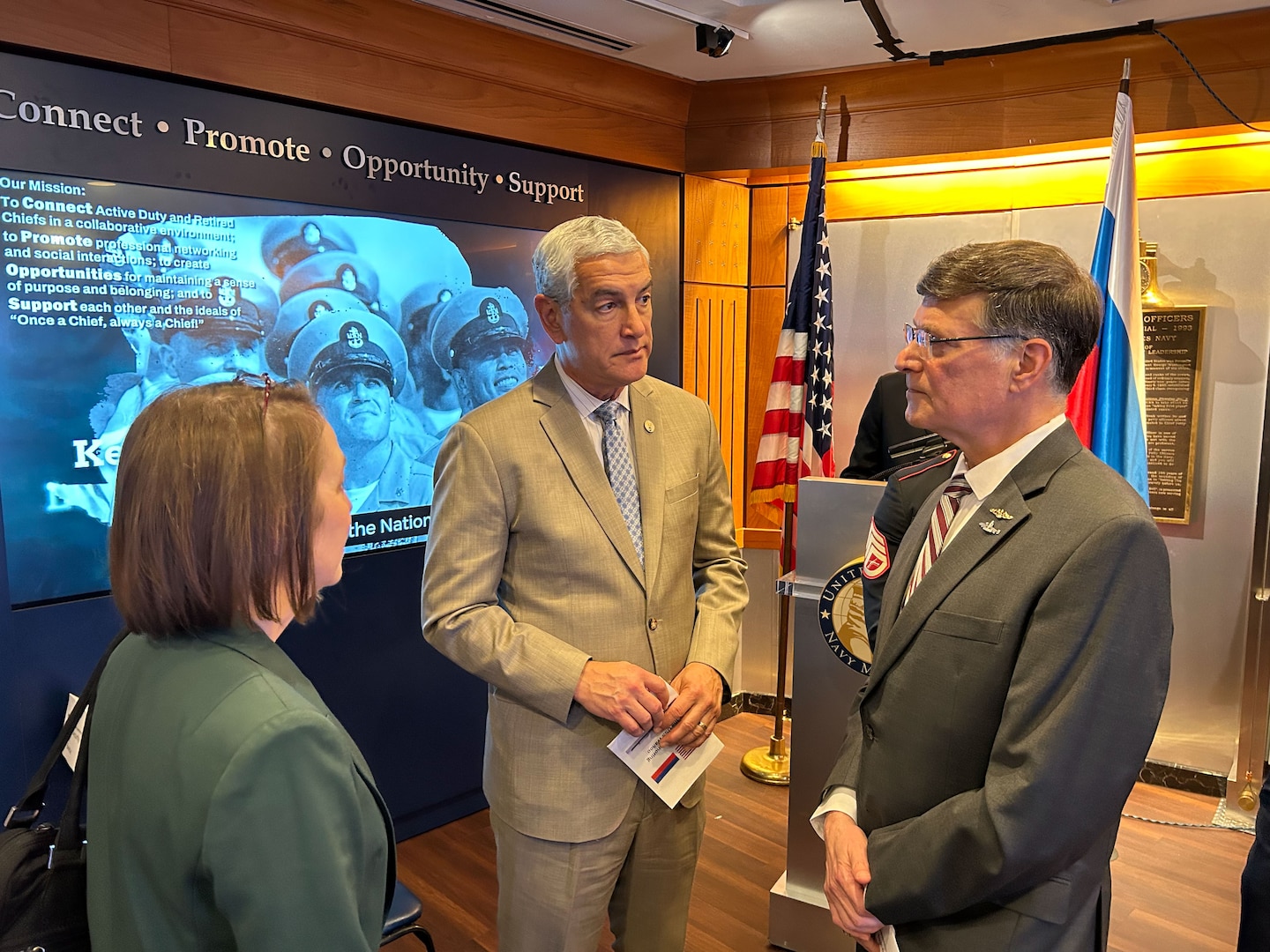 Defense POW/MIA Accounting Agency Director, Kelly McKeague, and DPAA Principal Deputy Director, Jennifer Walsh, speak with U.S. Navy Captain Thomas Logue after a special ceremony held by the U.S.-Russia Joint Commission on POW/MIAs at the Navy Memorial Visitors Center in Washington, D.C., May 15 for submariners of the USS Wahoo, lost during World War II, during which soil, water, and video from the site where the Wahoo sank, as well as a model of the Wahoo, was given to the U.S. by Russia. Logue's uncle, Fire Controlman 1st Class Robert Logue, was on the Wahoo when it was sunk in 1943 by the Japanese. (Photo by Sean Everette, Defense POW/MIA Accounting Agency)