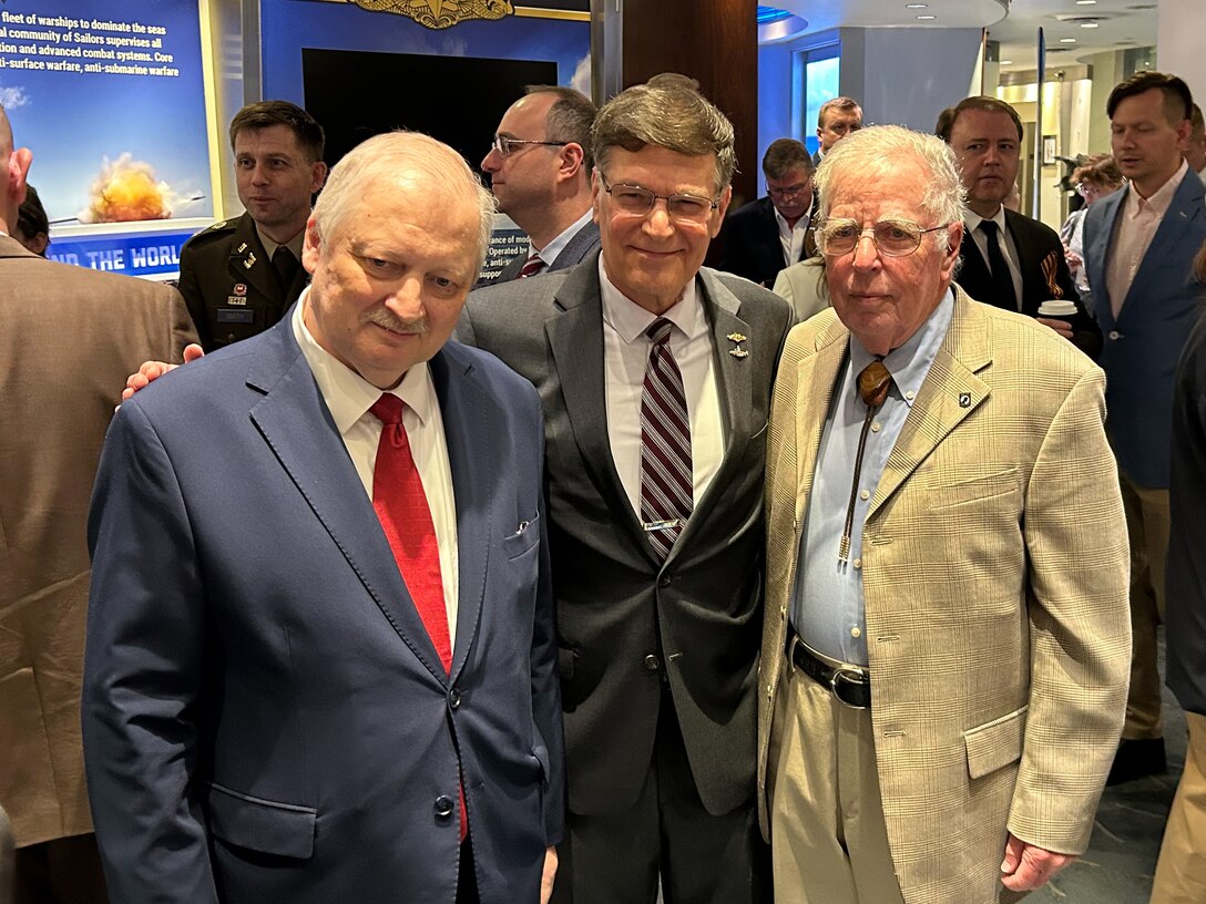 (From left to right) The Russian Federation Ambassador to the United States, H. E. Alexander Darchiev, U.S. Navy Capt. Thomas Logue, and retired Air Force Gen. Robert “Doc” Fogelsong, the United States Side Chairman of the U.S.-Russia Joint Commission on POW/MIAs, stand for a picture after a special ceremony held by the USRJC at the Navy Memorial Visitors Center in Washington, D.C., May 15 for submariners of the USS Wahoo, lost during World War II, during which soil, water, and video from the site where the Wahoo sank, as well as a model of the Wahoo, was given to the U.S. by Russia. Darchiev presented the containers of soil and water, the video, and the model to Fogelsong, who accepted on behalf of the United States and the families of the USS Wahoo submariners. Logue's uncle, Fire Controlman 1st Class Robert Logue, was on the Wahoo when it was sunk by the Japanese in 1943. (Photo by Sean Everette, Defense POW/MIA Accounting Agency)