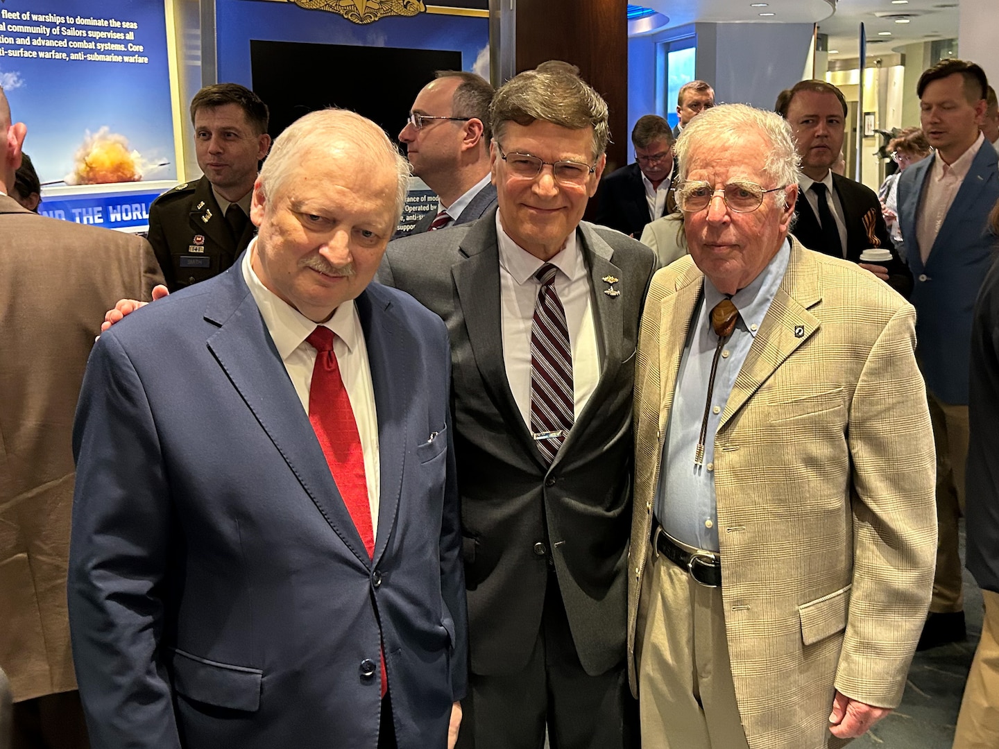 (From left to right) The Russian Federation Ambassador to the United States, H. E. Alexander Darchiev, U.S. Navy Capt. Thomas Logue, and retired Air Force Gen. Robert “Doc” Fogelsong, the United States Side Chairman of the U.S.-Russia Joint Commission on POW/MIAs, stand for a picture after a special ceremony held by the USRJC at the Navy Memorial Visitors Center in Washington, D.C., May 15 for submariners of the USS Wahoo, lost during World War II, during which soil, water, and video from the site where the Wahoo sank, as well as a model of the Wahoo, was given to the U.S. by Russia. Darchiev presented the containers of soil and water, the video, and the model to Fogelsong, who accepted on behalf of the United States and the families of the USS Wahoo submariners. Logue's uncle, Fire Controlman 1st Class Robert Logue, was on the Wahoo when it was sunk by the Japanese in 1943. (Photo by Sean Everette, Defense POW/MIA Accounting Agency)