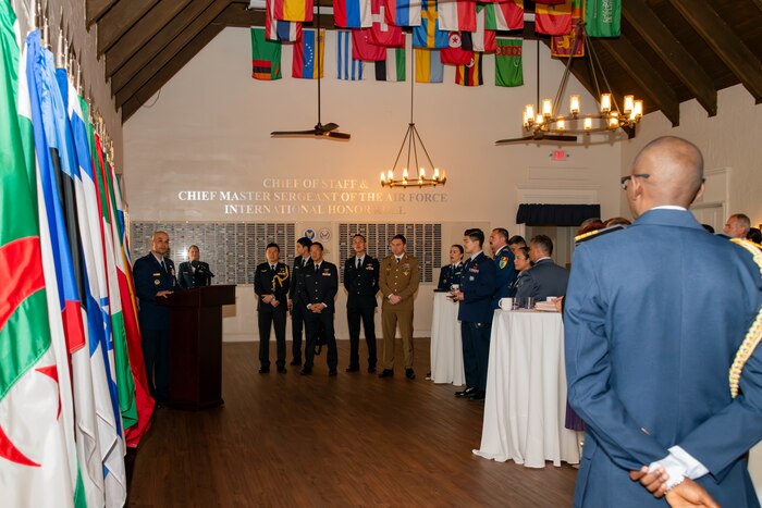 U.S. Air Force Capt. Alexandru Stoica addresses attendees of the International Honor Roll induction ceremony at Maxwell Air Force Base, Alabama, April 10, 2026.