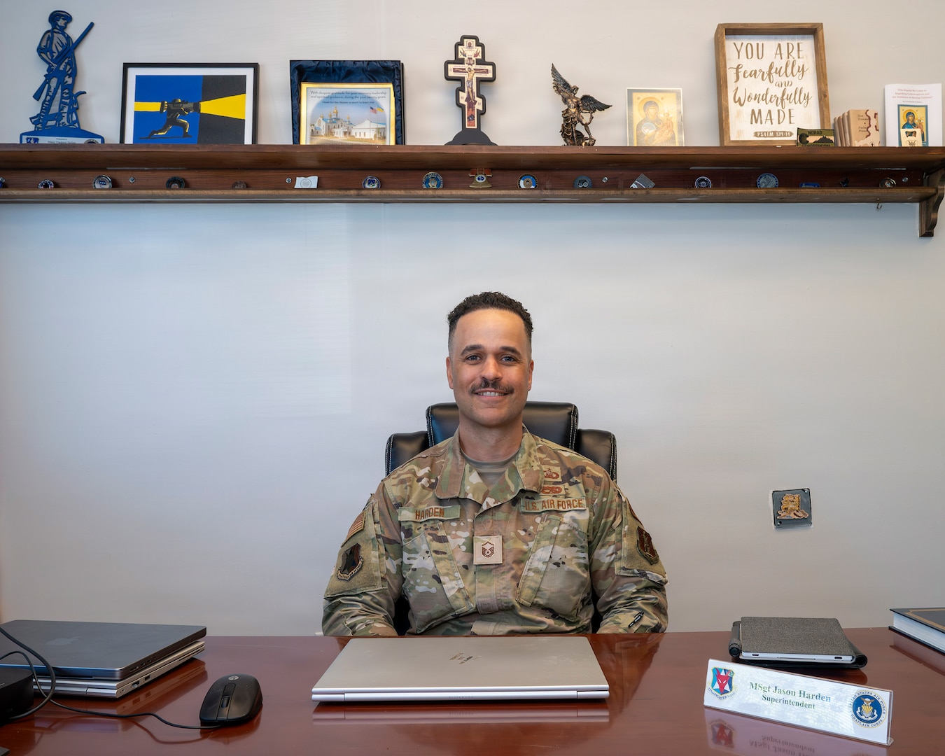 U.S. Air Force Master Sgt. Jason Harden, 177th Fighter Wing Chaplain Corps religious affairs superintendent, poses for an environmental portrait at the 177th Fighter Wing, Egg Harbor Township, New Jersey, May 16, 2026.