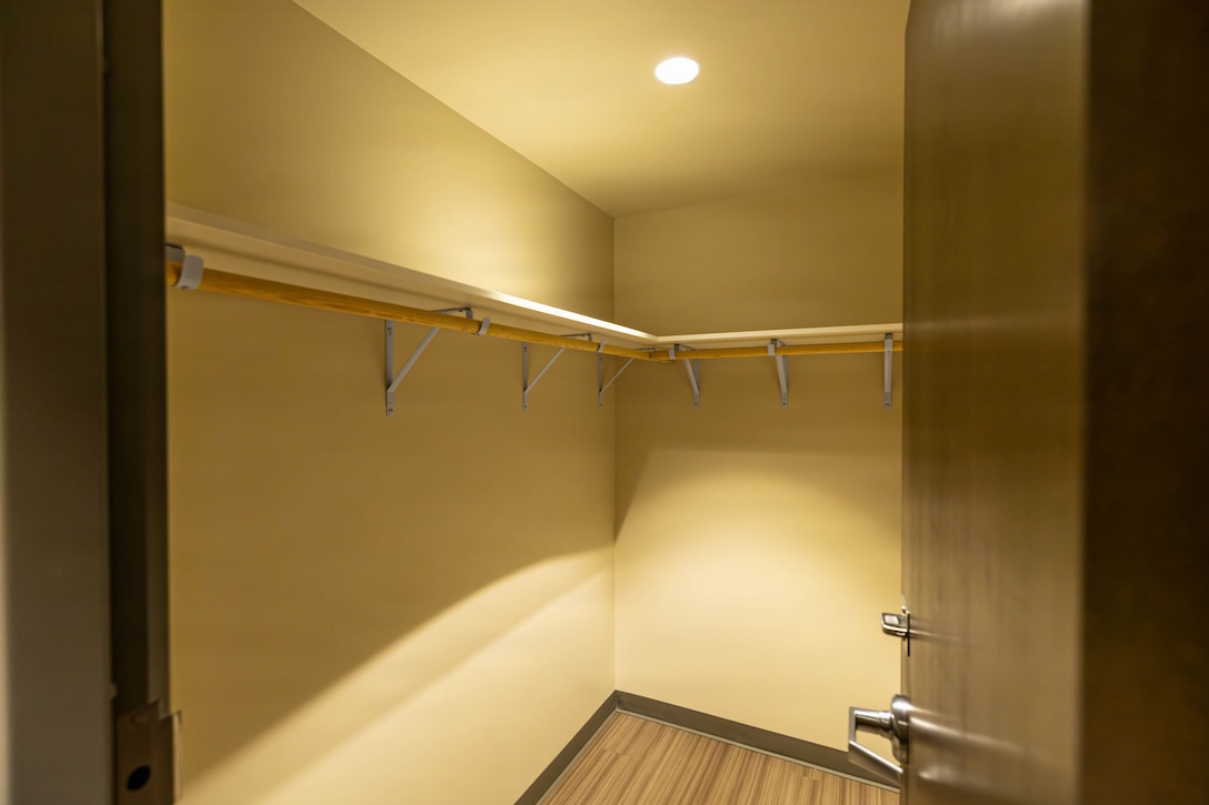 View of the walking closet in the bedroom of a renovated suite for soldiers who will be stationed at U.S. Army Base Fort Riley in central Kansas.