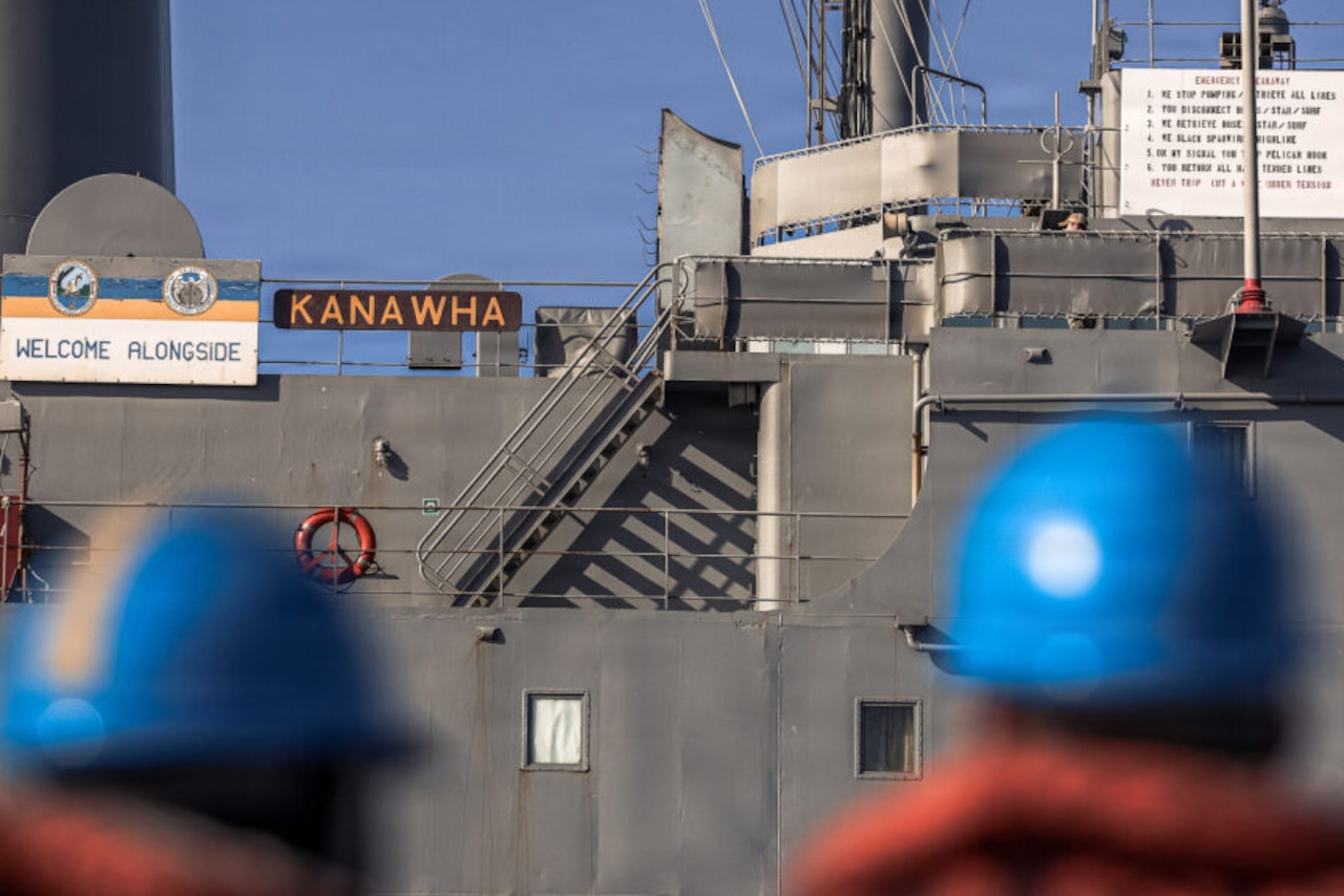 The side of a large ship with signs that read, "Welcome Alongside" and "Kanawha." Two people wearing hard hats are blurred in the foreground.