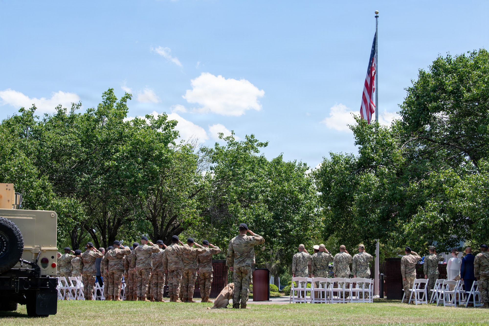 Service members and guests salute during the closing ceremony.