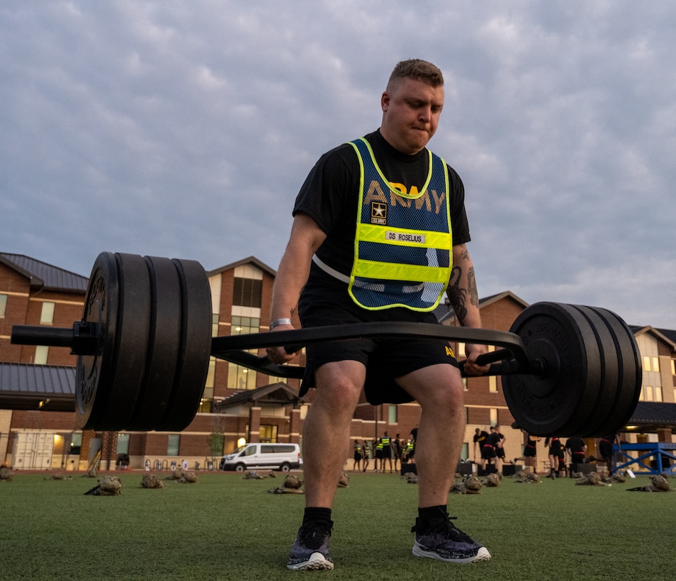 A U.S. Soldier performs a deadlift.