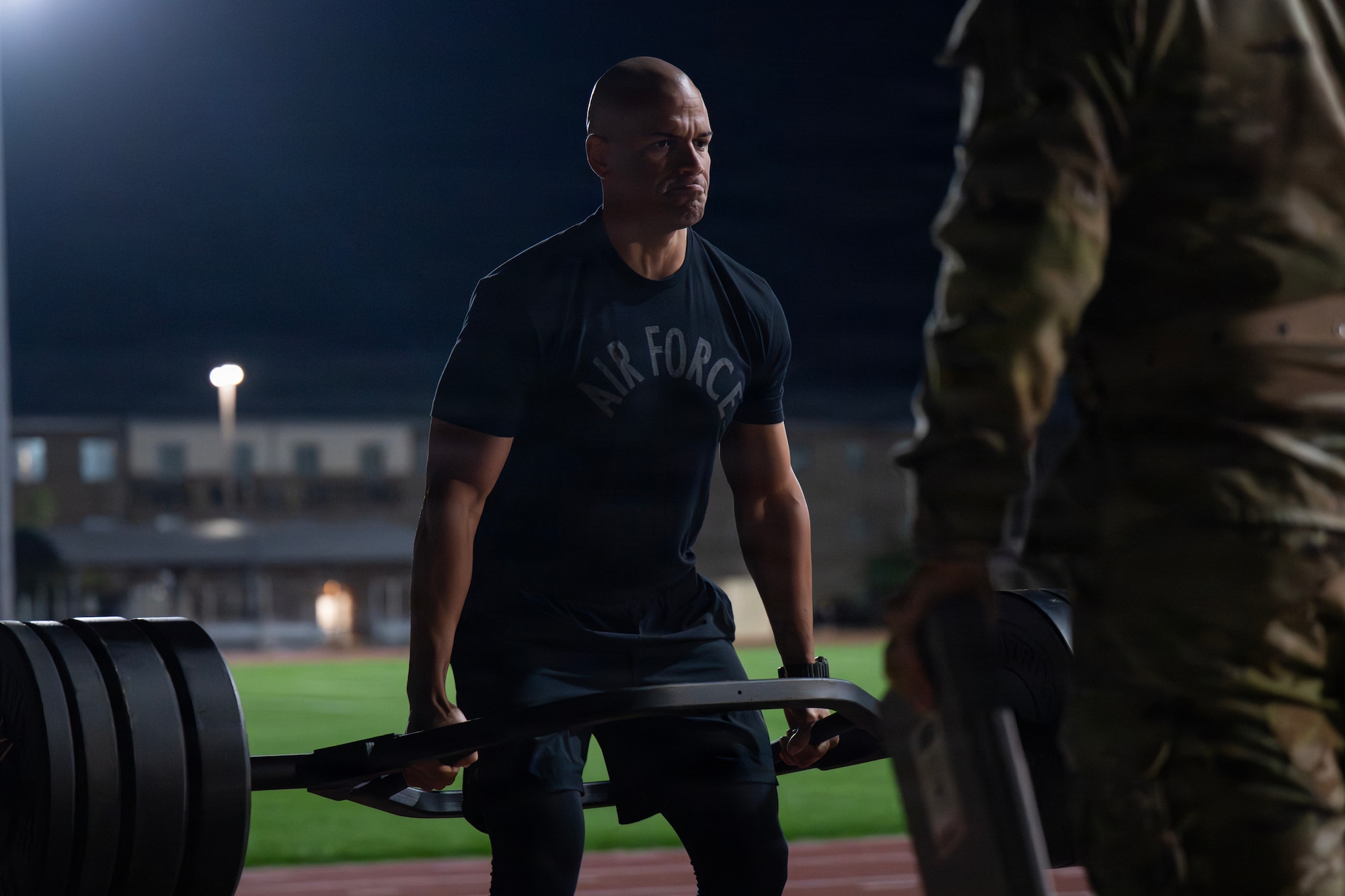 An Air Force military training instructor conducts the three-repetition, maximum dead lift while  competing alongside drill sergeants and drill sergeant leaders during the Fort Jackson & USADSA Drill Sergeant of the Year competition as part of the Joint Warrior Competition at Fort Jackson, South Carolina, April 20, 2026. The Joint Warrior Competition provides an opportunity for drill instructors from other branches to compete against U.S. Army drill sergeants as part of a joint collaboration to share ideas.